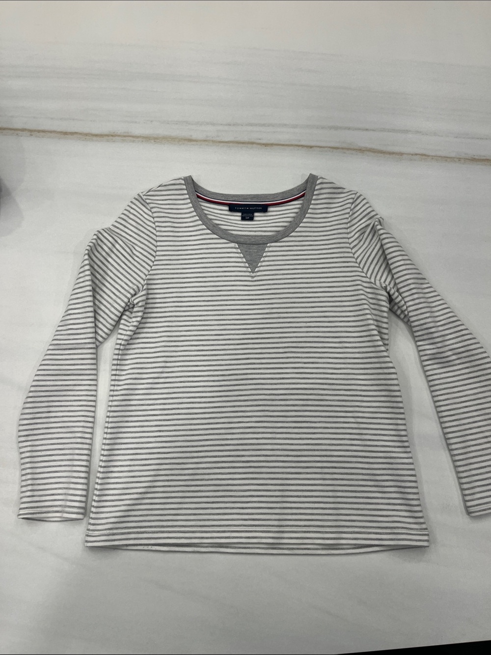 Tommy Hilfiger Gray and White Striped Crewneck Tee